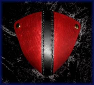 Red and black stiched, leather codpiece, in red snake print and black leather, with snap closures that attach to custom straps.